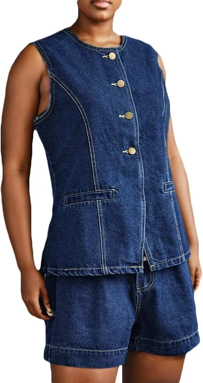 SOMTHRON Women's Denim 2 Piece Outfits Sleeveless Button Down Blazer Vest Tops High Waisted Jean Shorts Set
