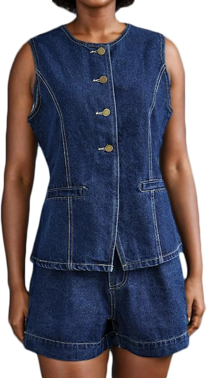 SOMTHRON Women's Denim 2 Piece Outfits Sleeveless Button Down Blazer Vest Tops High Waisted Jean Shorts Set
