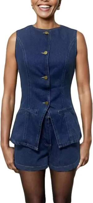 SOMTHRON Women's Denim 2 Piece Outfits Sleeveless Button Down Blazer Vest Tops High Waisted Jean Shorts Set