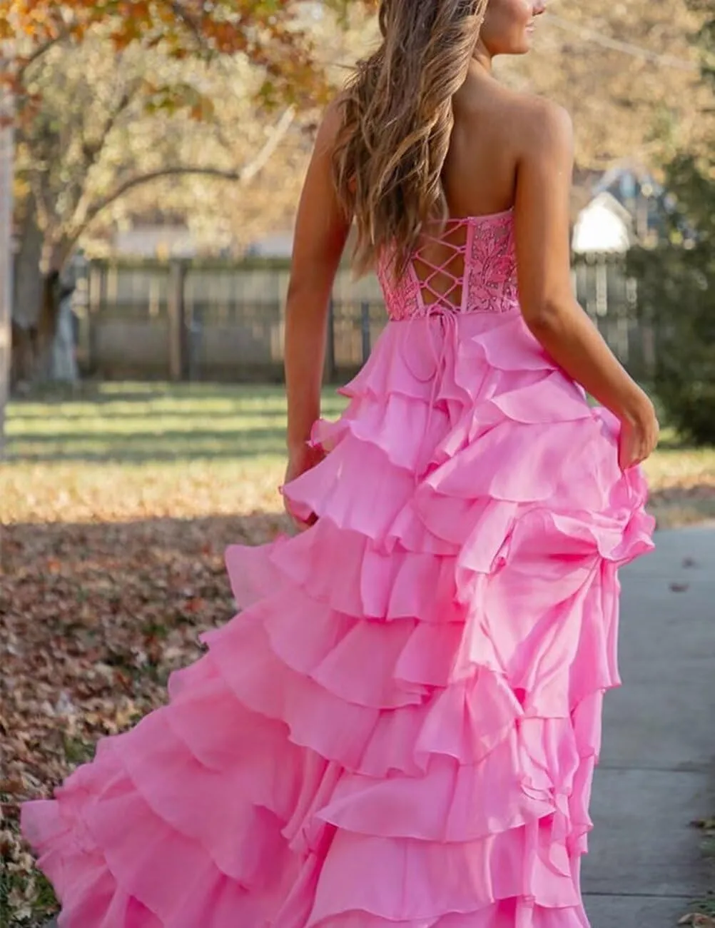 Strapless Lace Appliques Prom Dresses for Women Sweetheart A Line Long Tiered Chiffon Evening Party Gowns with Slit