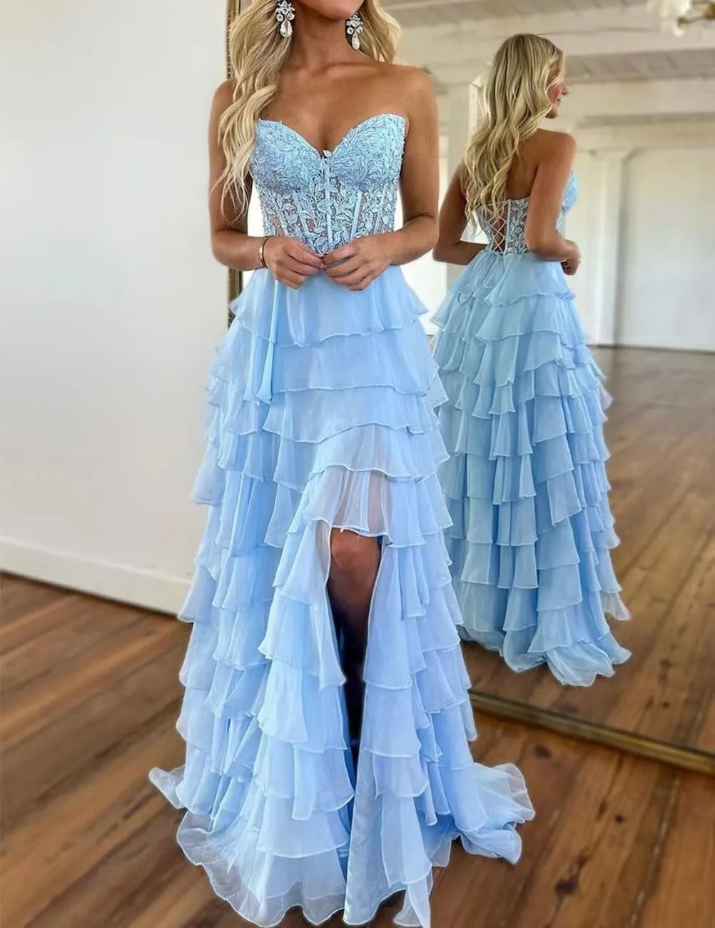 Strapless Lace Appliques Prom Dresses for Women Sweetheart A Line Long Tiered Chiffon Evening Party Gowns with Slit
