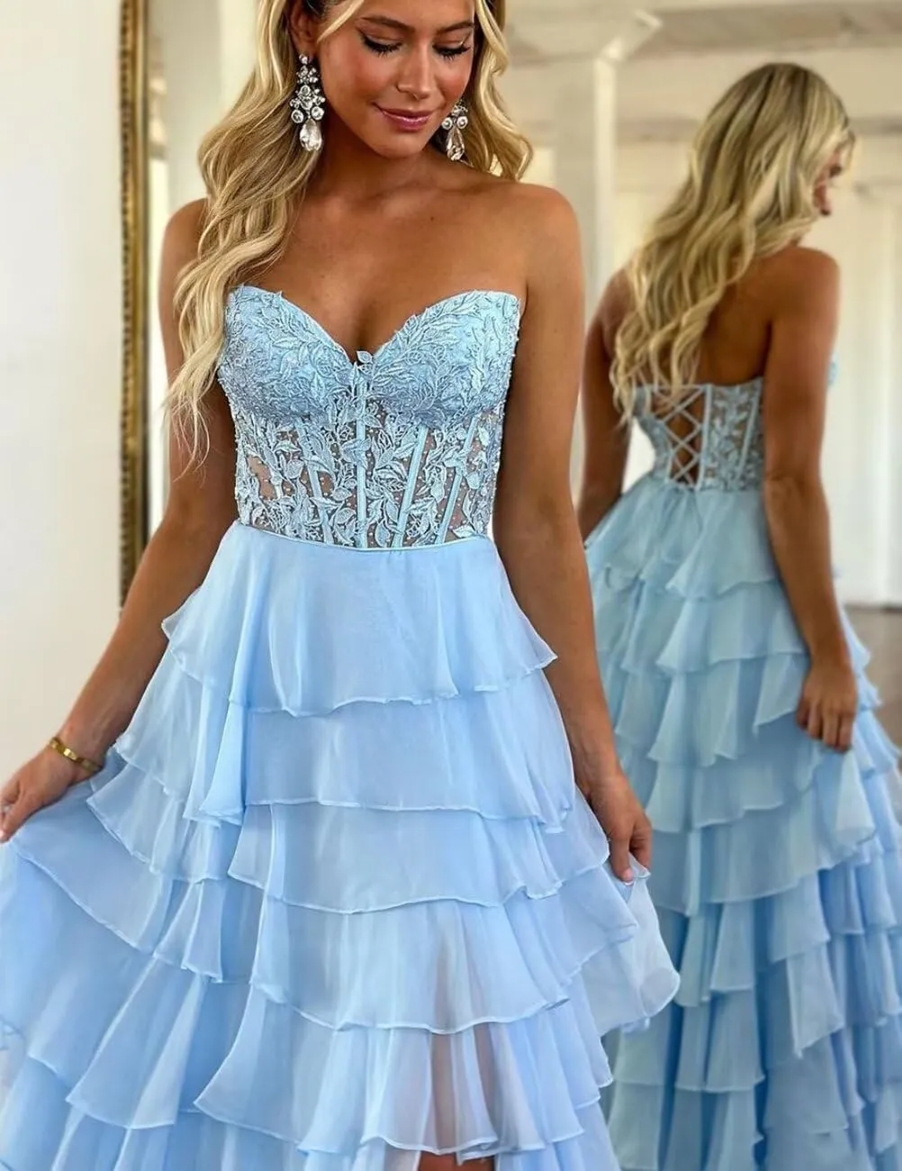Strapless Lace Appliques Prom Dresses for Women Sweetheart A Line Long Tiered Chiffon Evening Party Gowns with Slit
