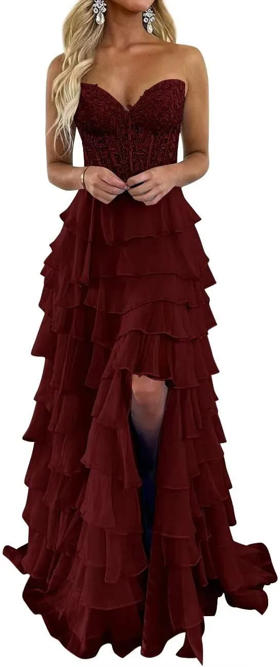 Strapless Lace Appliques Prom Dresses for Women Sweetheart A Line Long Tiered Chiffon Evening Party Gowns with Slit