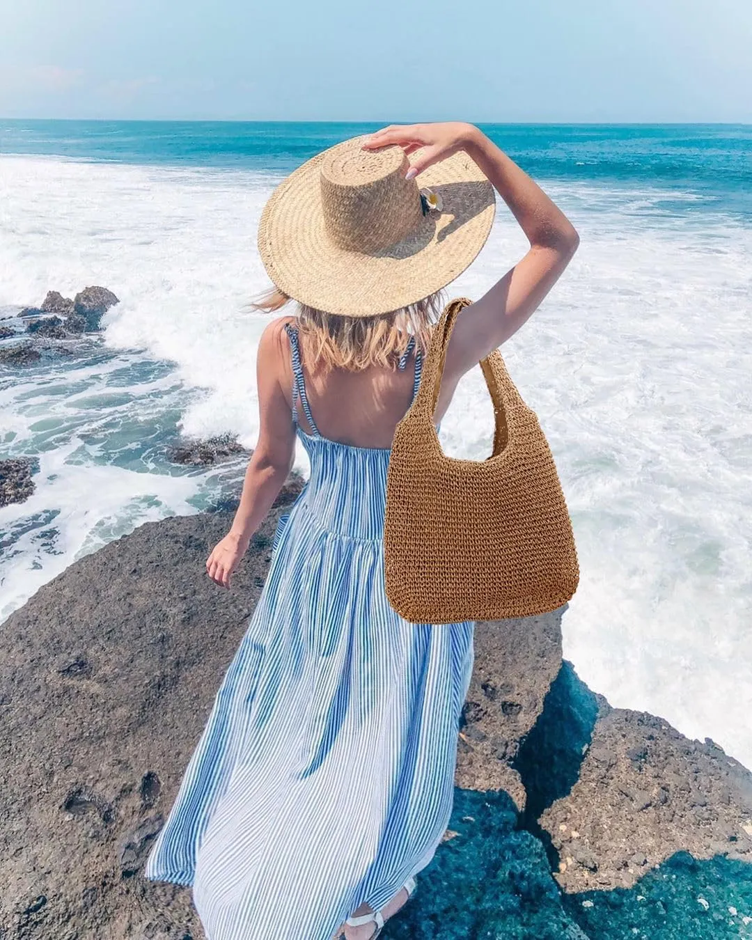 Straw Beach Bags for Women,Summer Soft Large Woven Shoulder Handbag,Hobo Tote Bag for Vacation Swim Shopping Travel