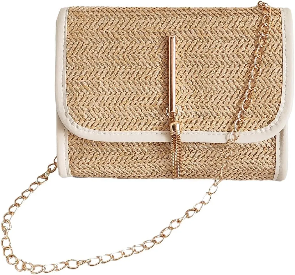 Straw Crossbody Bag for Women, Small Purse Casual Beach Rattan Clutch Summer Vacation Wristlet Wallet Chain Strap with Tassel Woven Hobo Leather Shouder Bag, Beige (7.1''L X5.7''W X1.6''H)