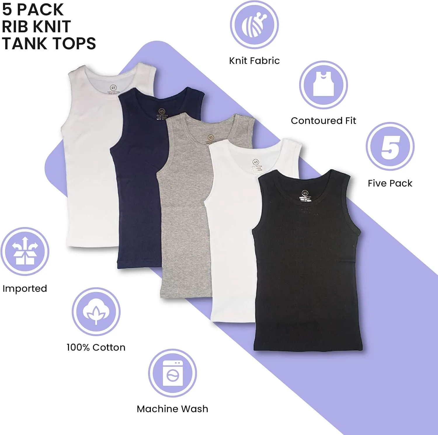 Studio 3 Little/Big Boys Value Pack Rib Knit Tank Tops and Crew Neck Undershirt Everyday Wear Tees