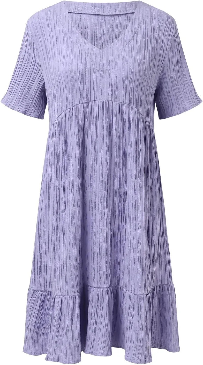 Summer Dresses for Women 2024 Pleated Tiered A Line Flowy Midi Dress Casual Fashion Short Sleeve V Neck Sundress
