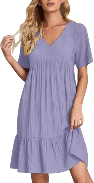 Summer Dresses for Women 2024 Pleated Tiered A Line Flowy Midi Dress Casual Fashion Short Sleeve V Neck Sundress