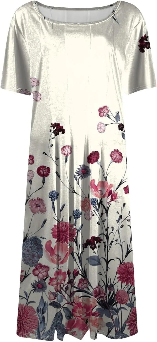 Summer Dresses for Women 2025 Boho Floral Midi Short Sleeve Crewneck Dresses Elegant Side Pocket Pleated Dress