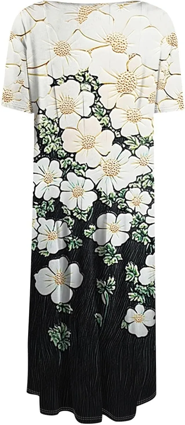 Summer Dresses for Women 2025 Boho Floral Midi Short Sleeve Crewneck Dresses Elegant Side Pocket Pleated Dress