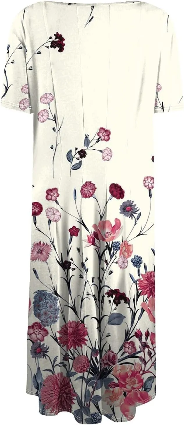 Summer Dresses for Women 2025 Boho Floral Midi Short Sleeve Crewneck Dresses Elegant Side Pocket Pleated Dress