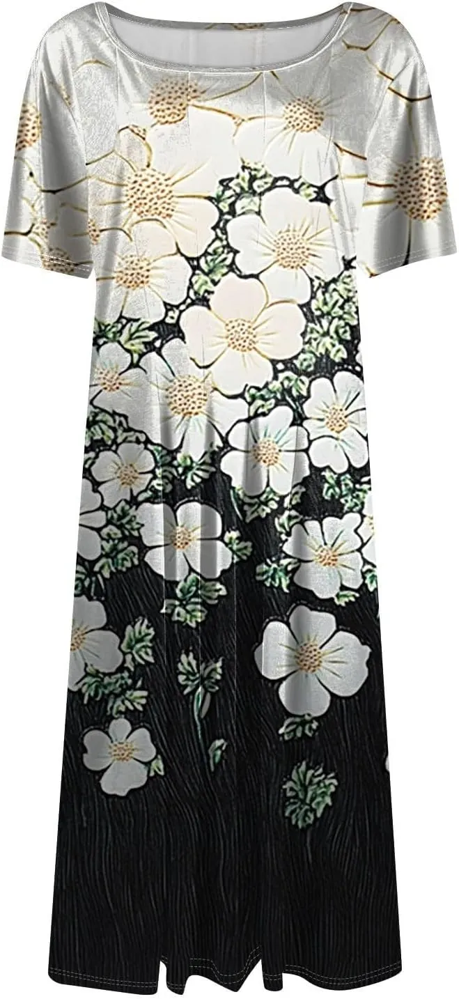 Summer Dresses for Women 2025 Boho Floral Midi Short Sleeve Crewneck Dresses Elegant Side Pocket Pleated Dress