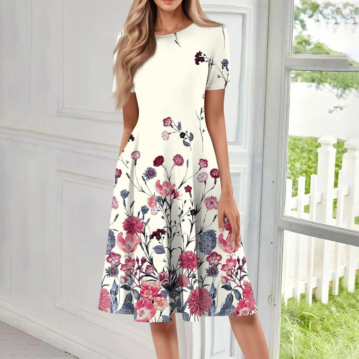 Summer Dresses for Women 2025 Boho Floral Midi Short Sleeve Crewneck Dresses Elegant Side Pocket Pleated Dress