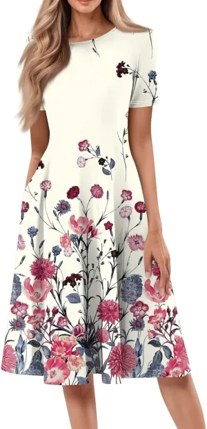 Summer Dresses for Women 2025 Boho Floral Midi Short Sleeve Crewneck Dresses Elegant Side Pocket Pleated Dress
