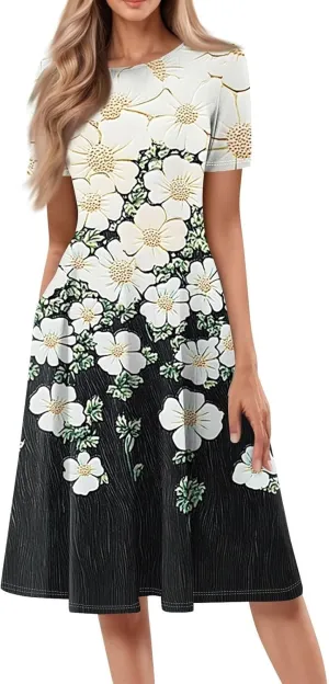 Summer Dresses for Women 2025 Boho Floral Midi Short Sleeve Crewneck Dresses Elegant Side Pocket Pleated Dress