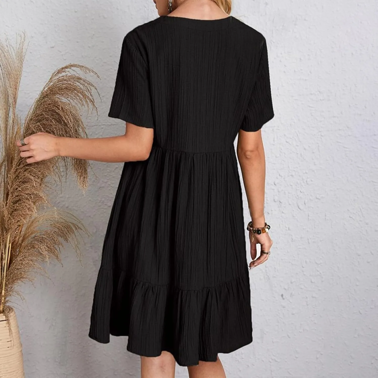 Summer Dresses for Women 2025 Casual Short Sleeve V Neck Midi Dress Pleated Tiered A Line Flowy Sundresses Vacation Clothes