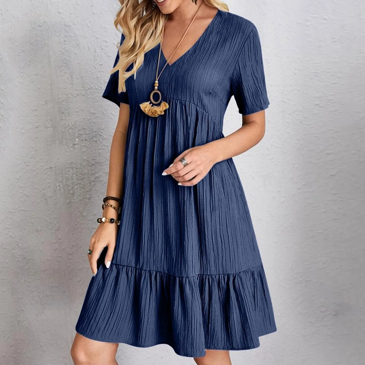 Summer Dresses for Women 2025 Pleated Tiered A Line Flowy Midi Dress Ladies Casual Fashion Short Sleeve V Neck Sundresses