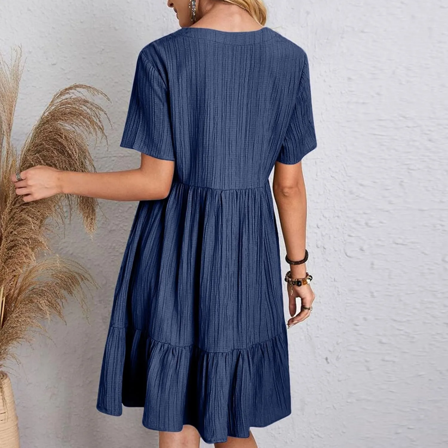 Summer Dresses for Women 2025 Pleated Tiered A Line Flowy Midi Dress Ladies Casual Fashion Short Sleeve V Neck Sundresses