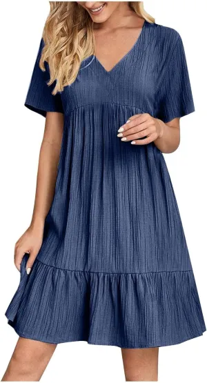 Summer Dresses for Women 2025 Pleated Tiered A Line Flowy Midi Dress Ladies Casual Fashion Short Sleeve V Neck Sundresses