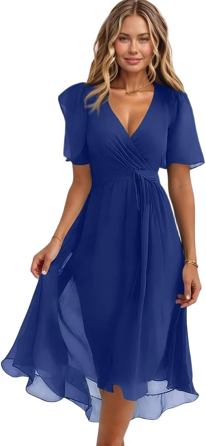Summer Dresses for Women 2025 V Neck Chiffon Short Sleeve Midi Dress Empire Waist Casual Loose Fit A Line Dress