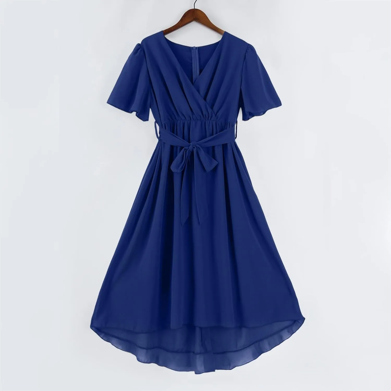Summer Dresses for Women 2025 V Neck Chiffon Short Sleeve Midi Dress Empire Waist Casual Loose Fit A Line Dress