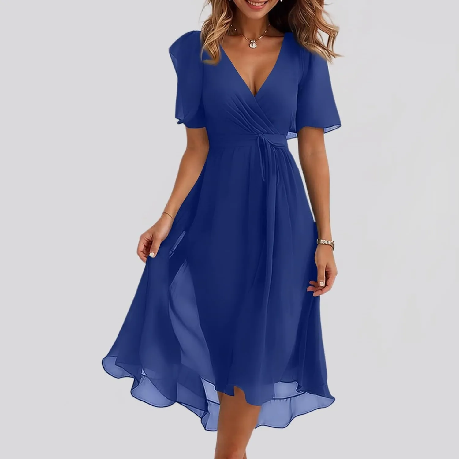 Summer Dresses for Women 2025 V Neck Chiffon Short Sleeve Midi Dress Empire Waist Casual Loose Fit A Line Dress
