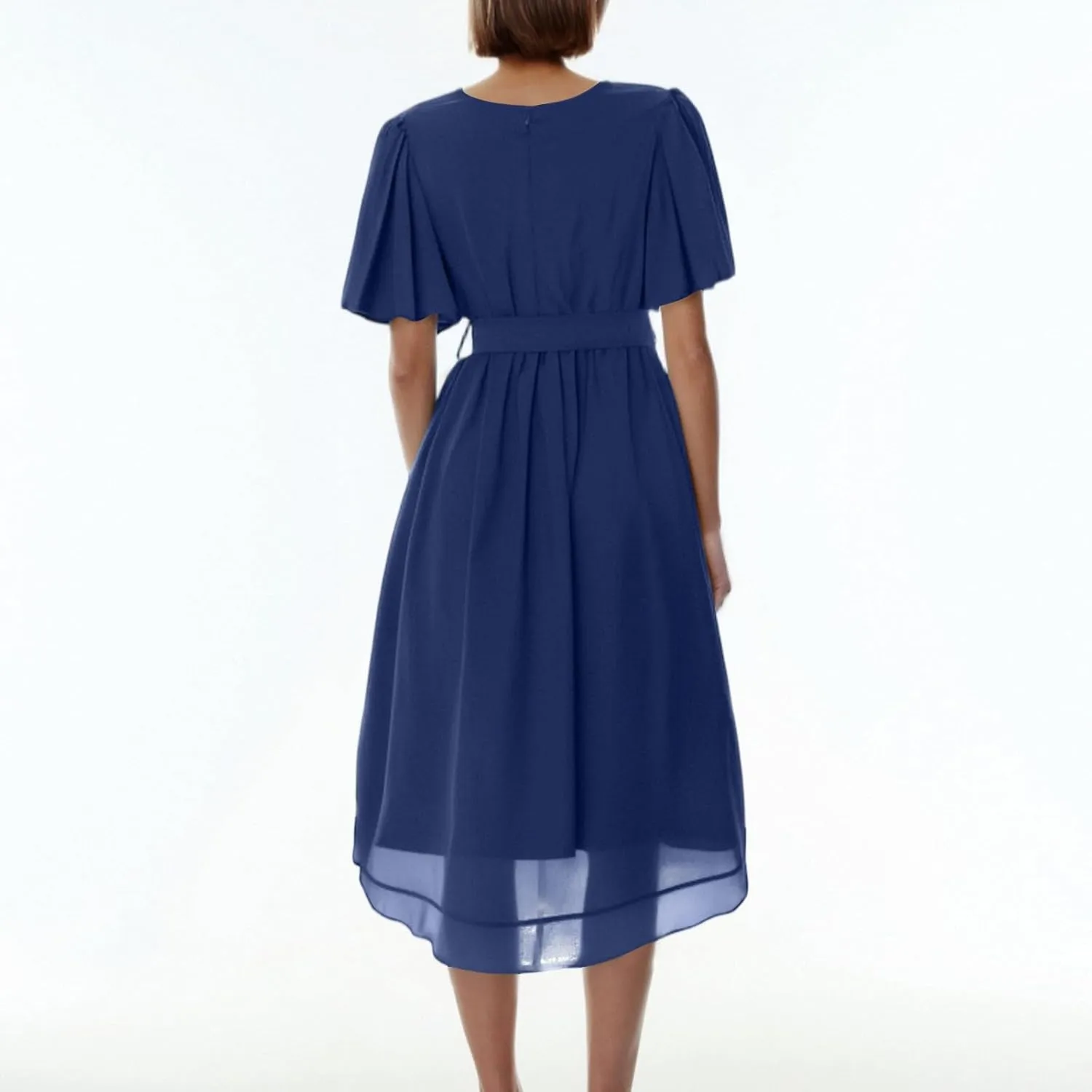 Summer Dresses for Women 2025 V Neck Chiffon Short Sleeve Midi Dress Empire Waist Casual Loose Fit A Line Dress