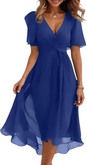 Summer Dresses for Women 2025 V Neck Chiffon Short Sleeve Midi Dress Empire Waist Casual Loose Fit A Line Dress