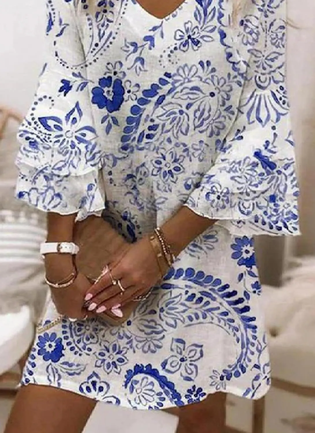 Summer Dresses for Women Flower Print V Neck 3/4 Ruffle Cuffs Knit Boho Casual Mini Dress