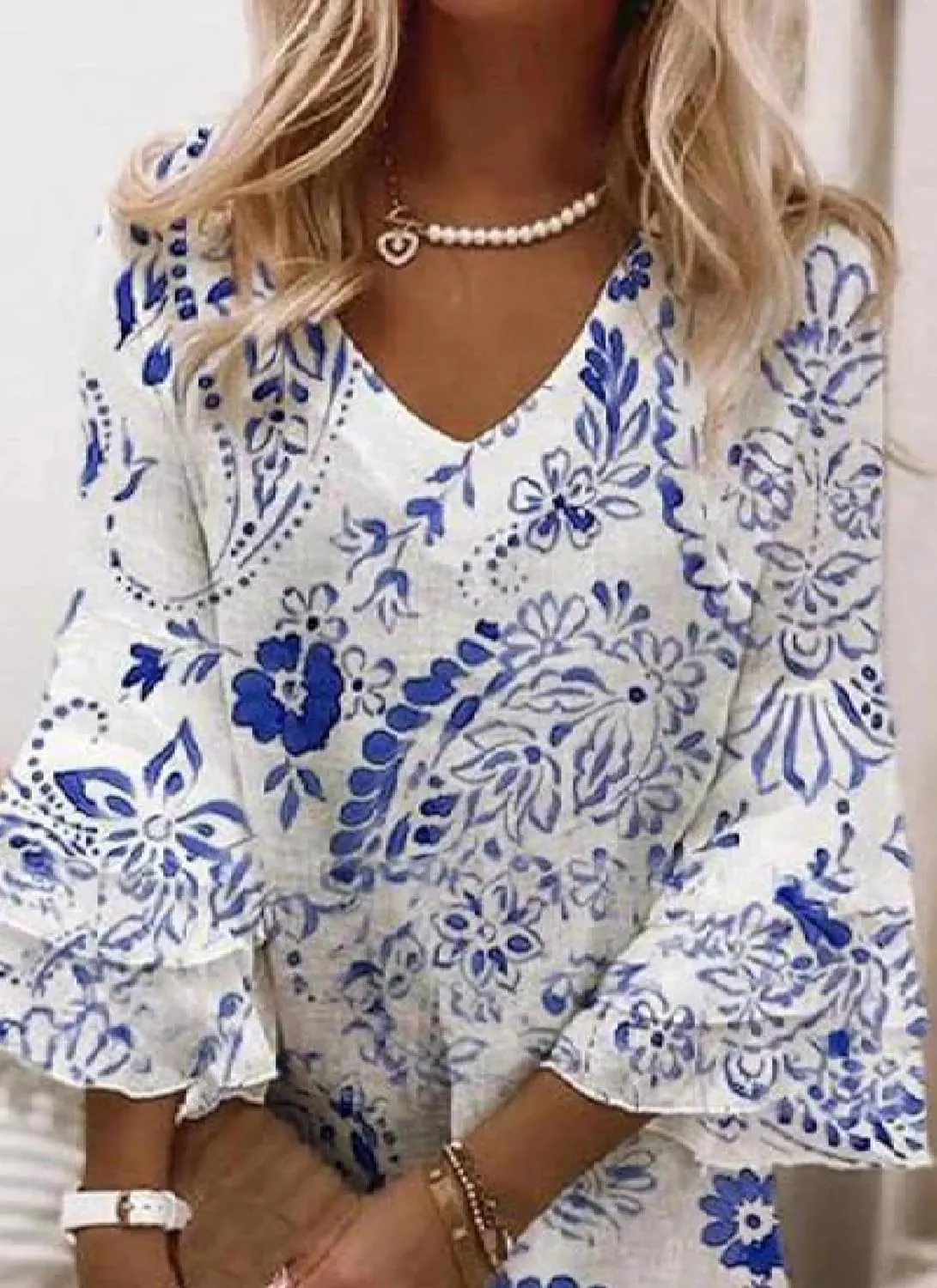 Summer Dresses for Women Flower Print V Neck 3/4 Ruffle Cuffs Knit Boho Casual Mini Dress