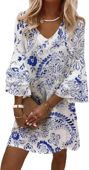 Summer Dresses for Women Flower Print V Neck 3/4 Ruffle Cuffs Knit Boho Casual Mini Dress