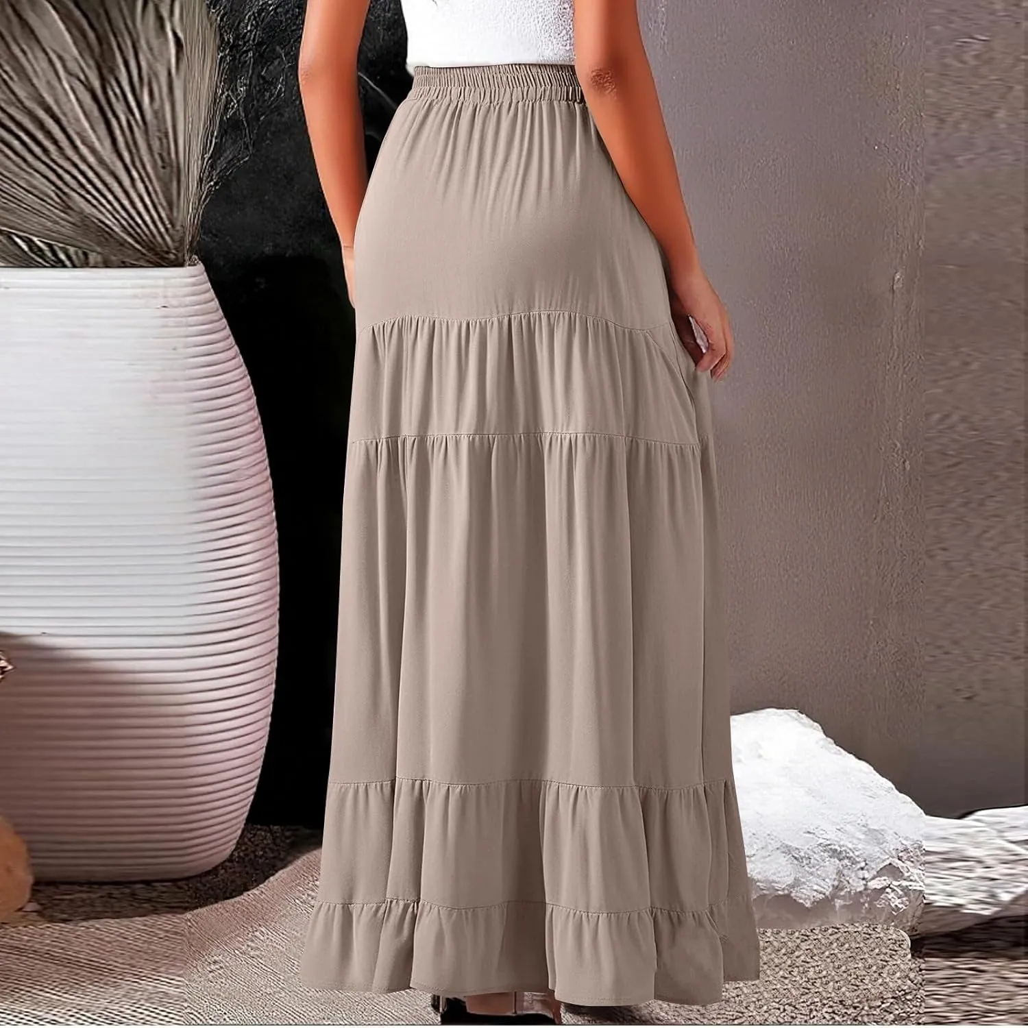 Summer Maxi Skirts for Women 2025 Long Elastic High Waisted Tiered Skirt Casual Boho Pleated A Line Beach Flowy Skirts