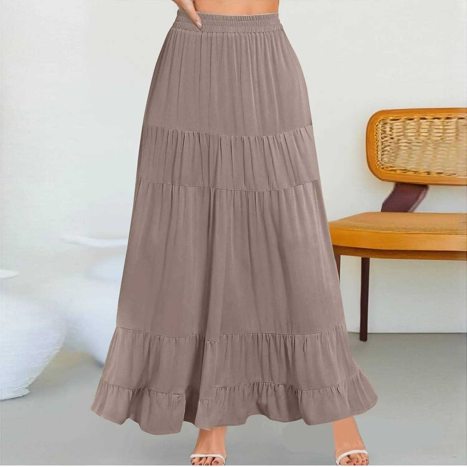 Summer Maxi Skirts for Women 2025 Long Elastic High Waisted Tiered Skirt Casual Boho Pleated A Line Beach Flowy Skirts