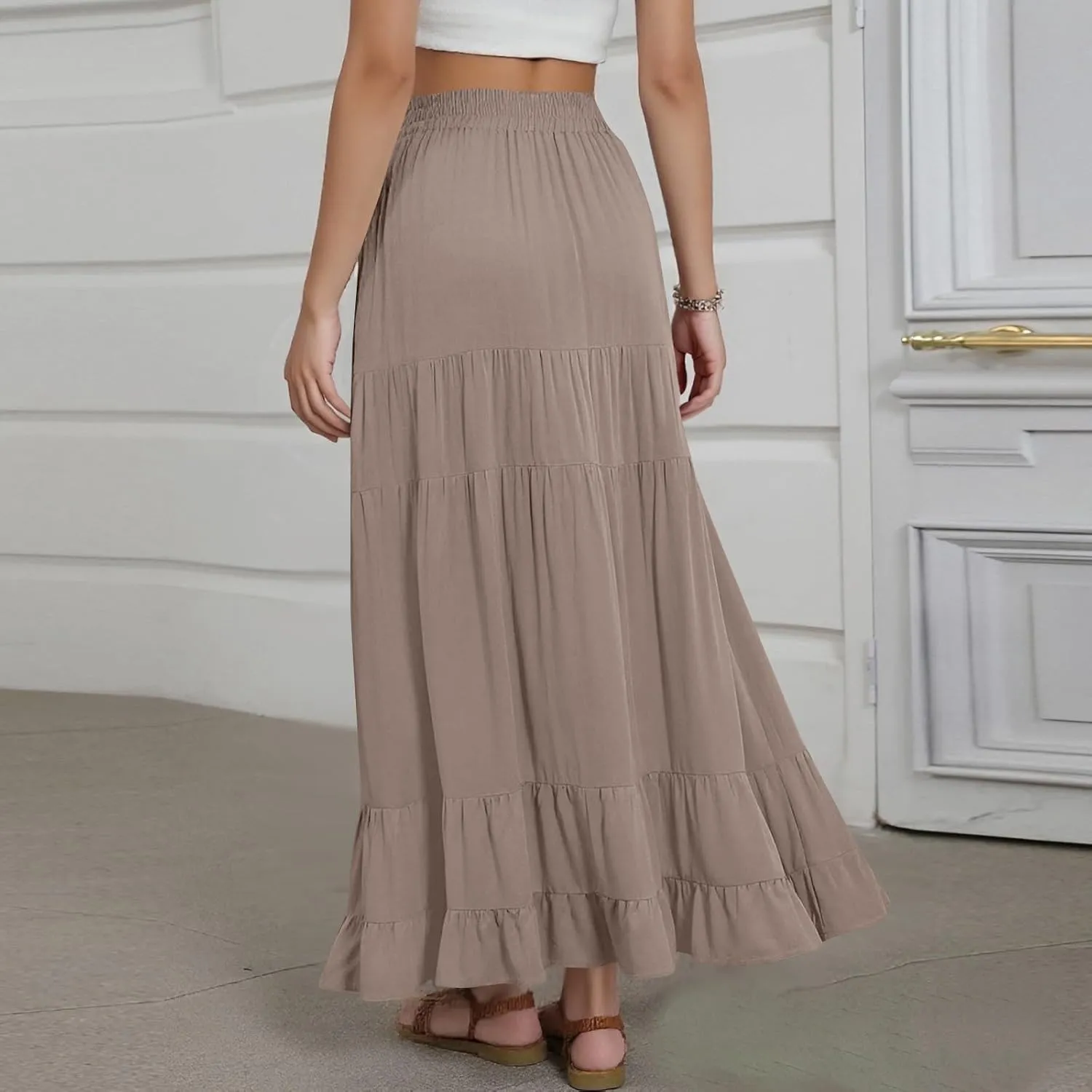 Summer Maxi Skirts for Women 2025 Long Elastic High Waisted Tiered Skirt Casual Boho Pleated A Line Beach Flowy Skirts