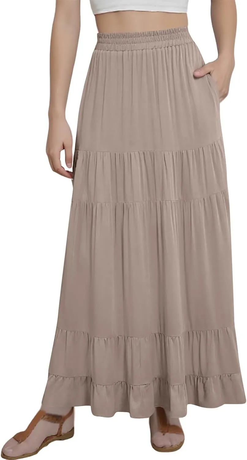 Summer Maxi Skirts for Women 2025 Long Elastic High Waisted Tiered Skirt Casual Boho Pleated A Line Beach Flowy Skirts