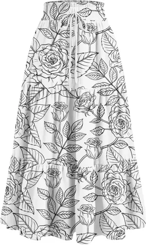 Summer Maxi Skirts for Women Boho Drawstring Elastic High Waist Long Skirts A Line Floral Pleated Tiered Loose Skirt