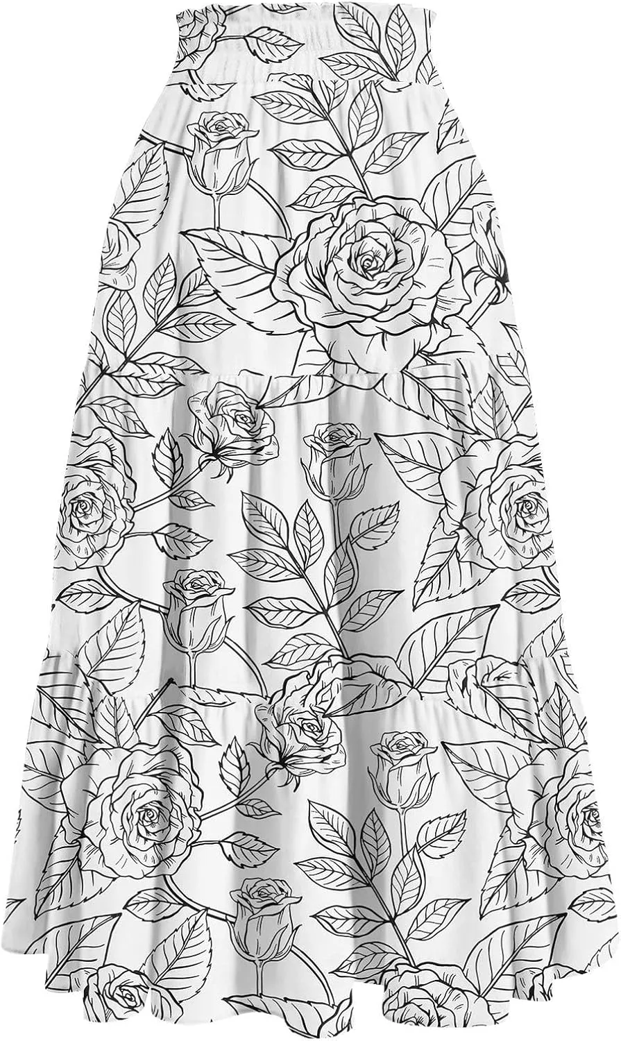 Summer Maxi Skirts for Women Boho Drawstring Elastic High Waist Long Skirts A Line Floral Pleated Tiered Loose Skirt