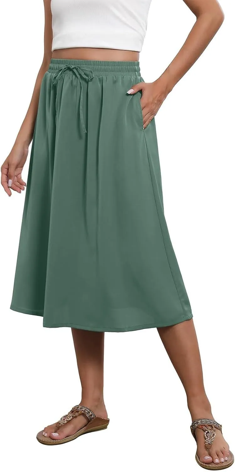 Summer Skirts for Women 2025 Midi Length Boho Floral Elastic High Waist Pleated A Line Skirts with Pockets Beach Coverups