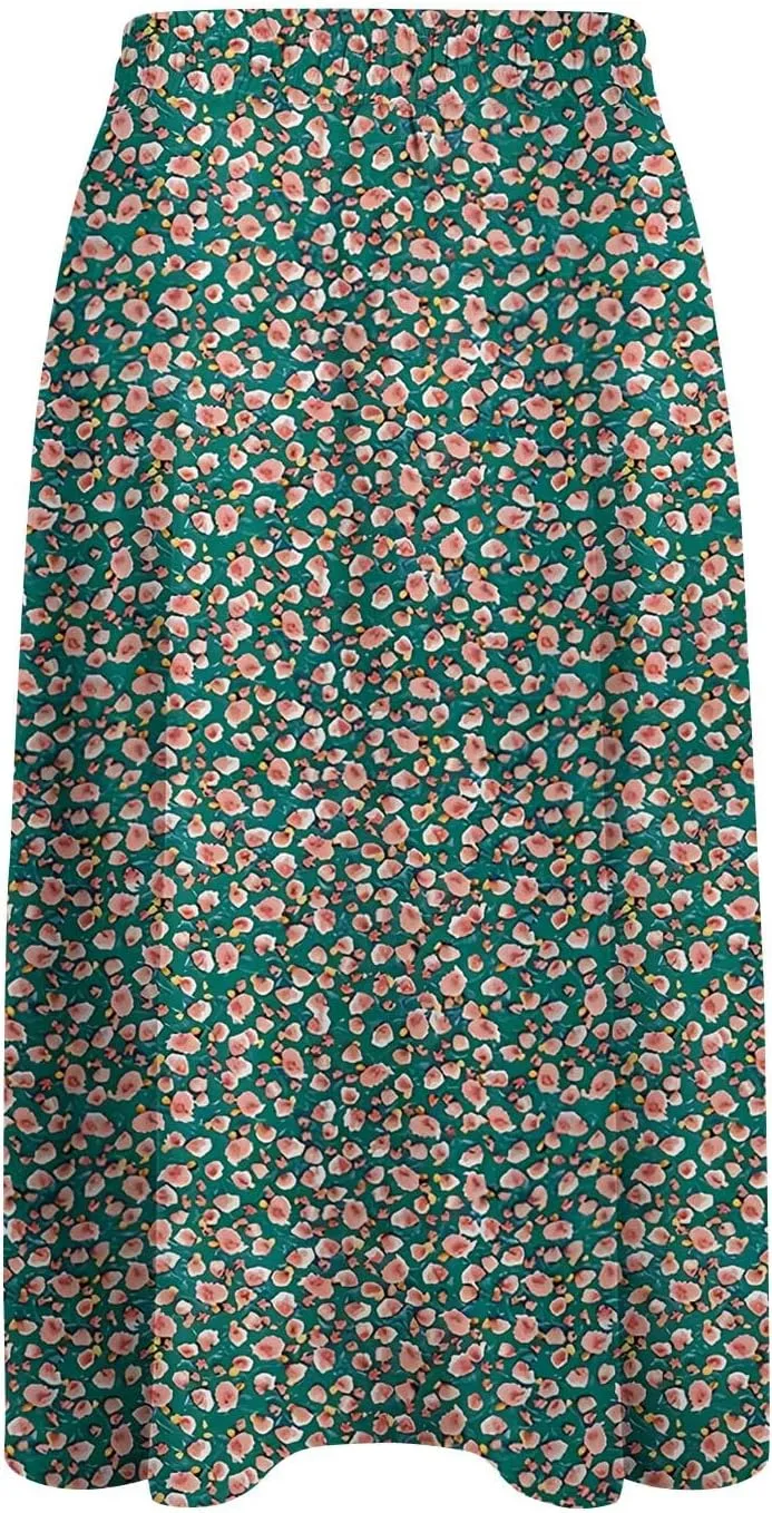 Summer Skirts for Women 2025 Midi Length Boho Floral Elastic High Waist Pleated A Line Skirts with Pockets Beach Coverups