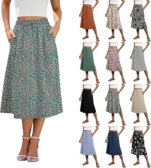 Summer Skirts for Women 2025 Midi Length Boho Floral Elastic High Waist Pleated A Line Skirts with Pockets Beach Coverups