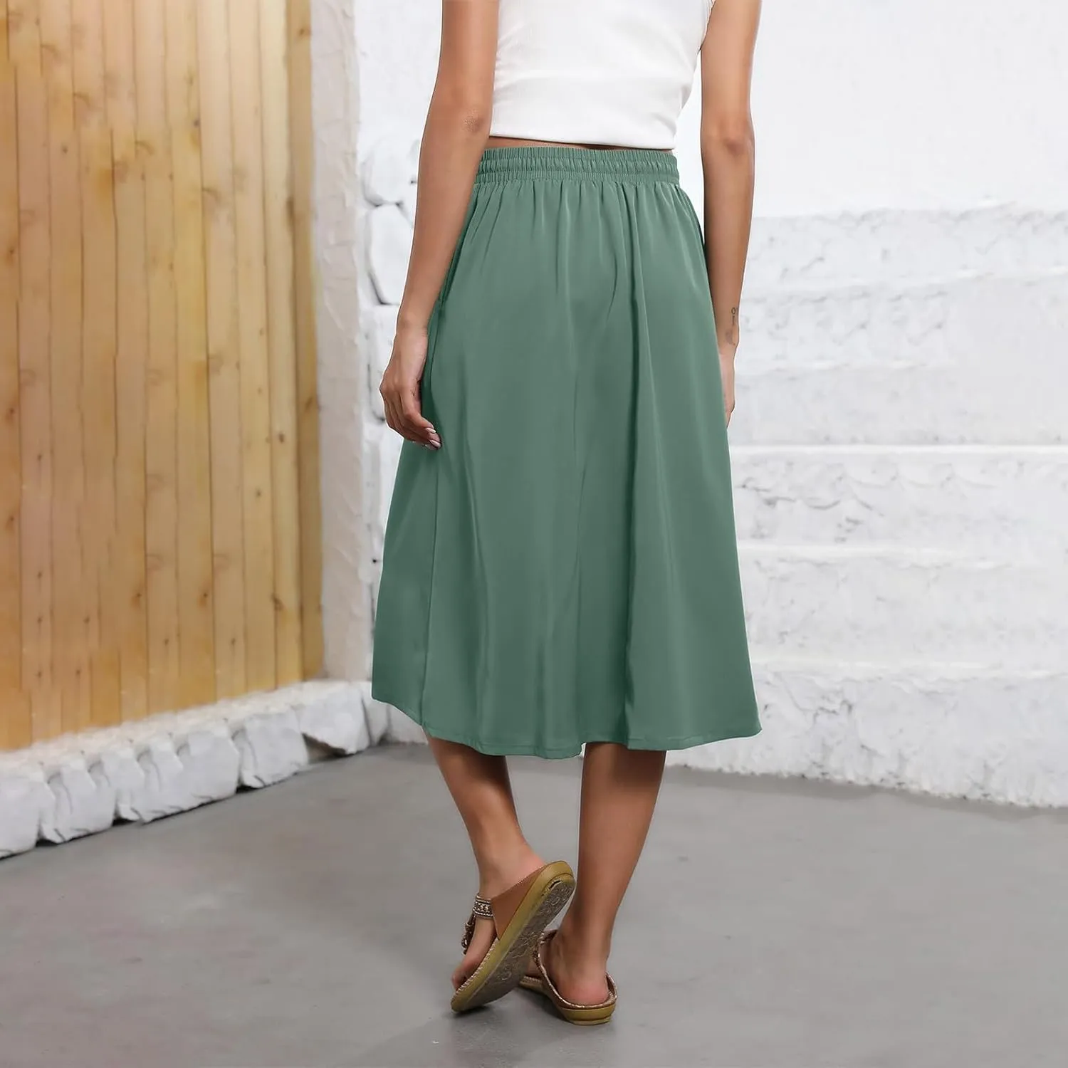 Summer Skirts for Women 2025 Midi Length Boho Floral Elastic High Waist Pleated A Line Skirts with Pockets Beach Coverups