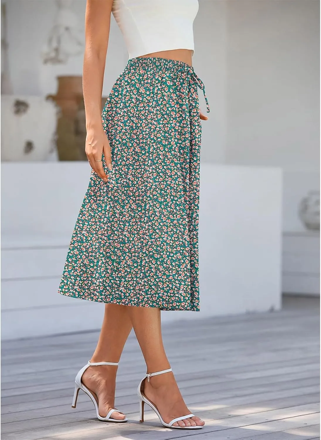 Summer Skirts for Women 2025 Midi Length Boho Floral Elastic High Waist Pleated A Line Skirts with Pockets Beach Coverups