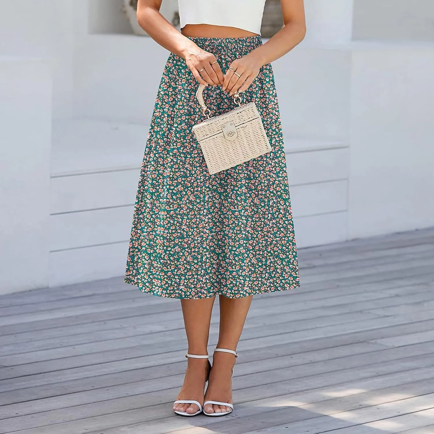 Summer Skirts for Women 2025 Midi Length Boho Floral Elastic High Waist Pleated A Line Skirts with Pockets Beach Coverups