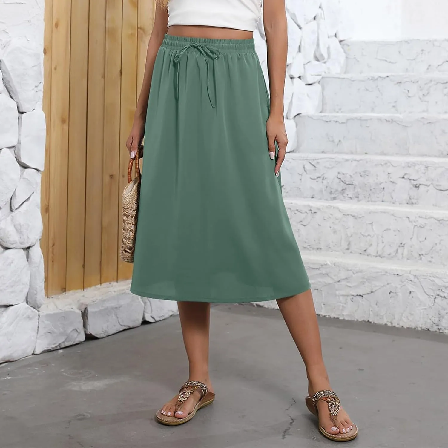 Summer Skirts for Women 2025 Midi Length Boho Floral Elastic High Waist Pleated A Line Skirts with Pockets Beach Coverups