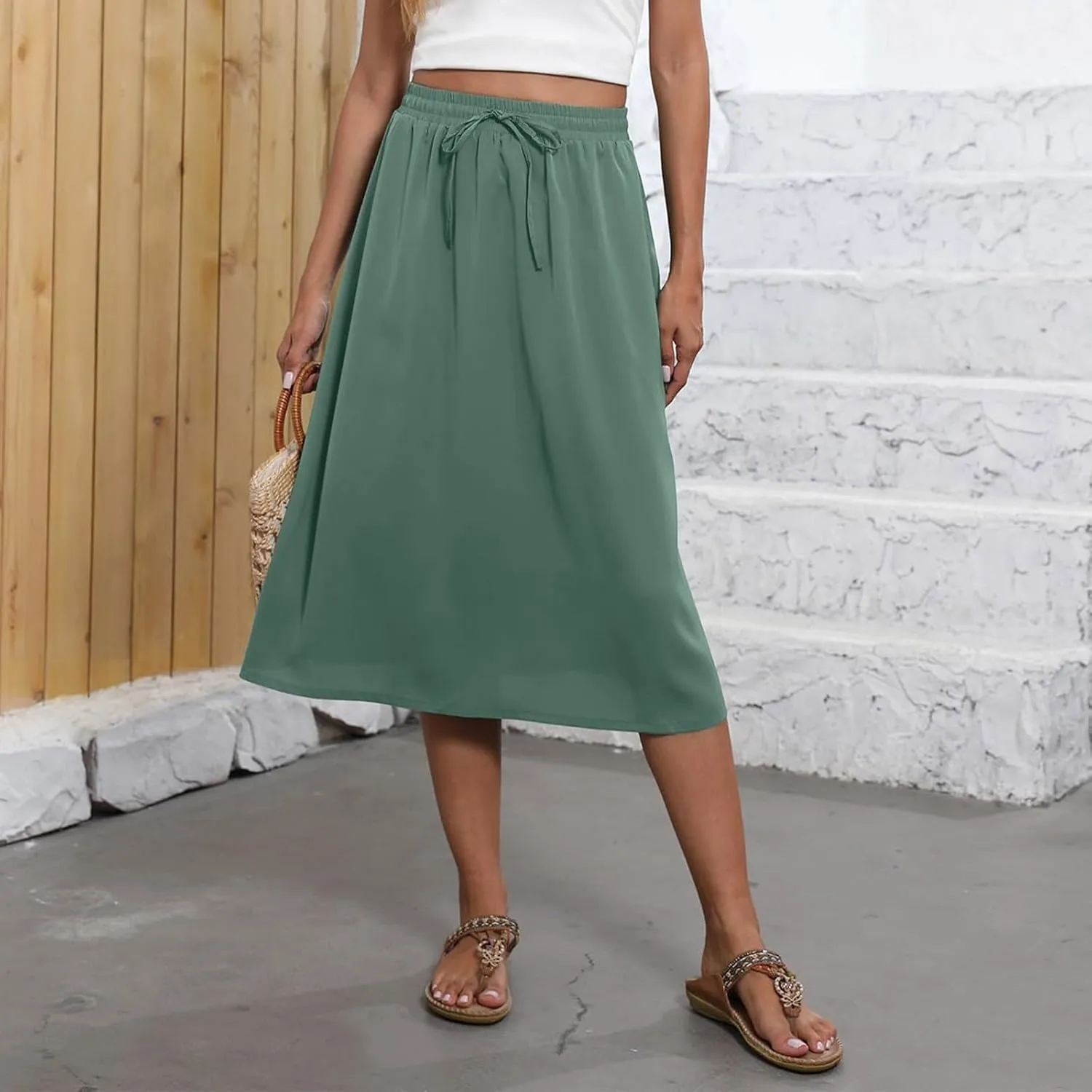 Summer Skirts for Women 2025 Midi Length Boho Floral Elastic High Waist Pleated A Line Skirts with Pockets Beach Coverups