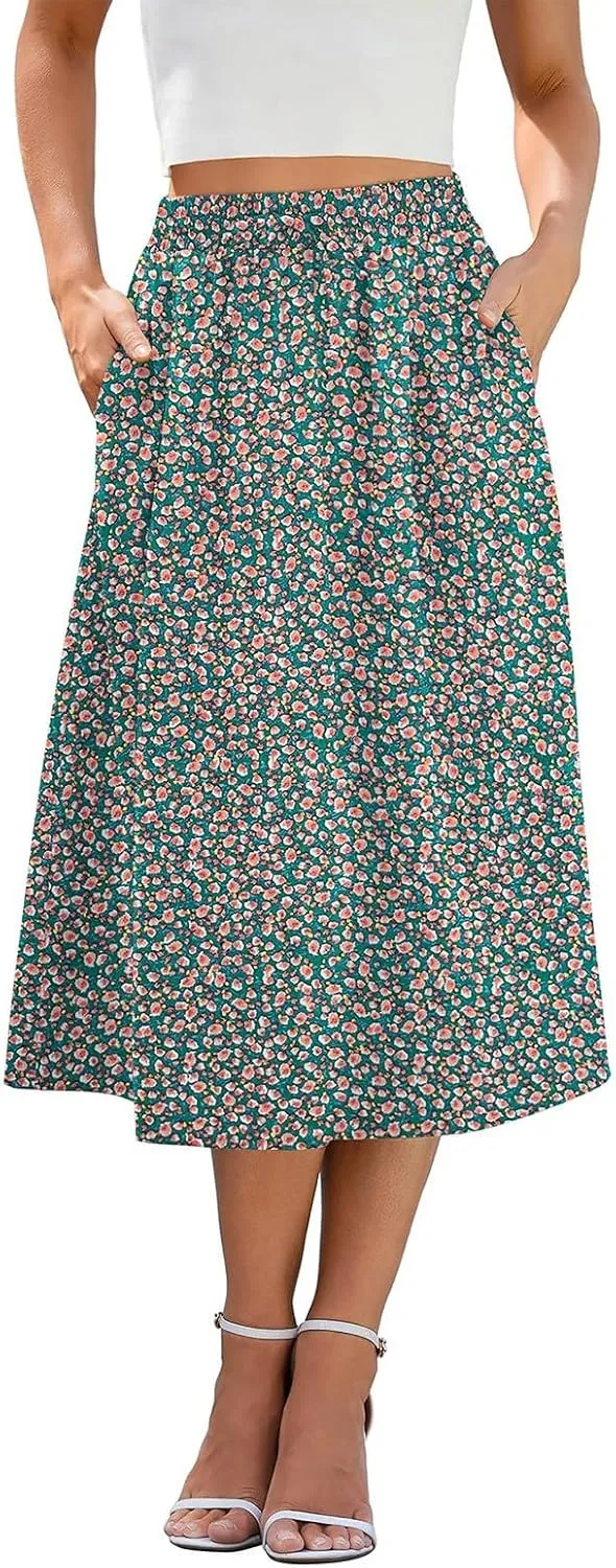 Summer Skirts for Women 2025 Midi Length Boho Floral Elastic High Waist Pleated A Line Skirts with Pockets Beach Coverups