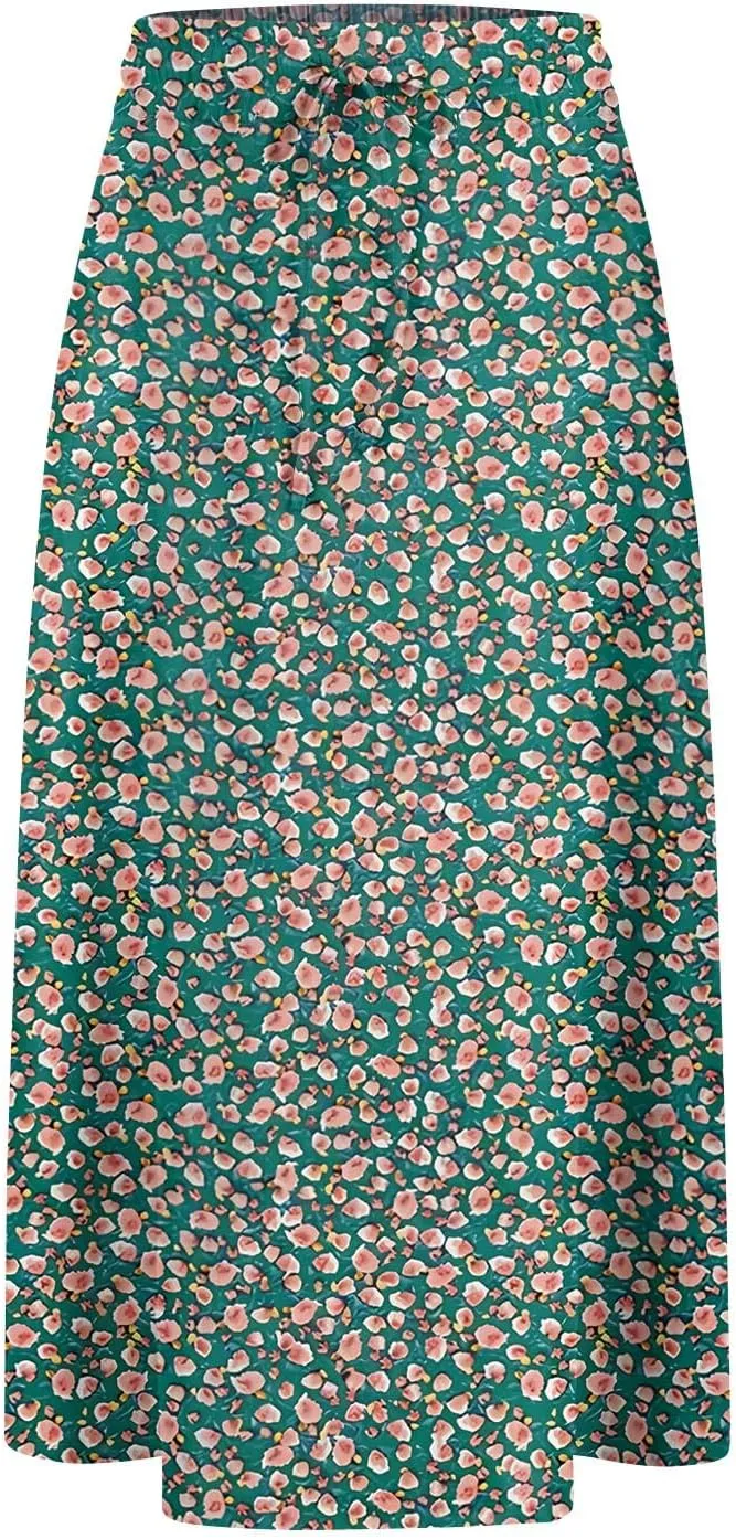 Summer Skirts for Women 2025 Midi Length Boho Floral Elastic High Waist Pleated A Line Skirts with Pockets Beach Coverups