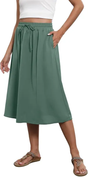 Summer Skirts for Women 2025 Midi Length Boho Floral Elastic High Waist Pleated A Line Skirts with Pockets Beach Coverups