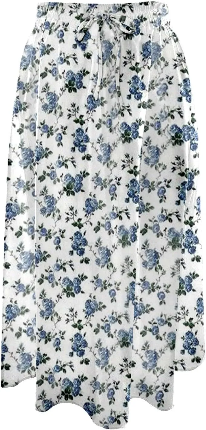Summer Skirts with Pockets High Elastic Waist Bohemian A-Line Trendy Pleated Boha Floral Print Midi Skirts Streetwear