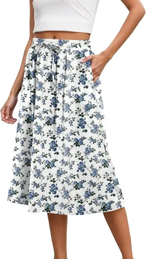 Summer Skirts with Pockets High Elastic Waist Bohemian A-Line Trendy Pleated Boha Floral Print Midi Skirts Streetwear